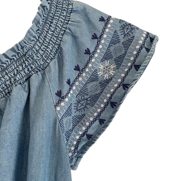 Lane Bryant Convertible Neck Smocked Embroidered Short Sleeve Denim Dress, 14/16 - Picture 5 of 11